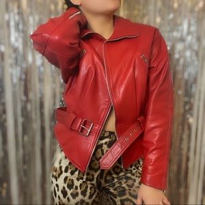 Vintage Red Leather Biker Moto Crop Jacket